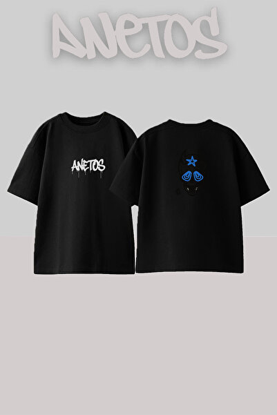 Anetos Horned Star Head Design Printed Unisex Oversize Black Tshirt