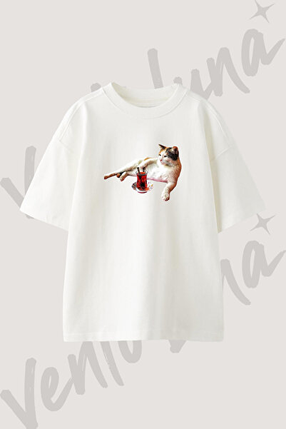 Vento Luna Kedi Turk Cayi Tasarım Baskılı Unisex Oversize Kalıp Beyaz Tshirt