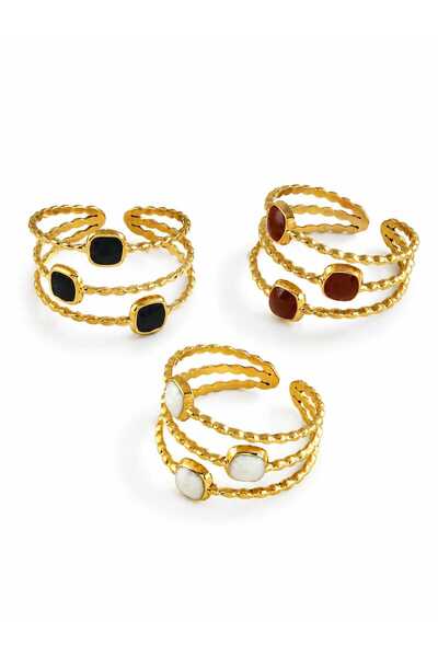 Nevara 3Pcs/Set Women's Gold Rings with Colorful Gems Luxurious Design - Styl...
