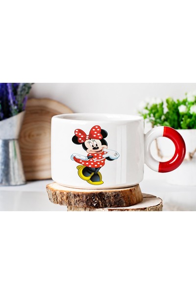 ART HEDİYE Smiling Minnie Mouse Luxury Nes Cafe Cup with Red Handles and Prin...