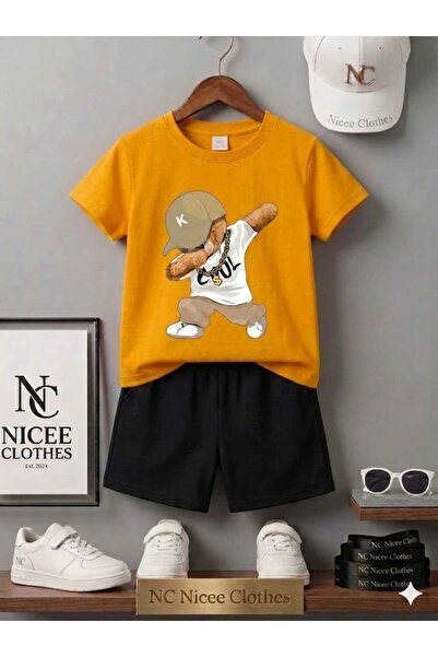 NC Nicee Clothes Summer Children's T-Shirt Shorts Unisex (Beige with Printed ...