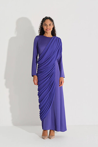 miha Hicran Önal Crepe Dress with Ruched Side Details Purple