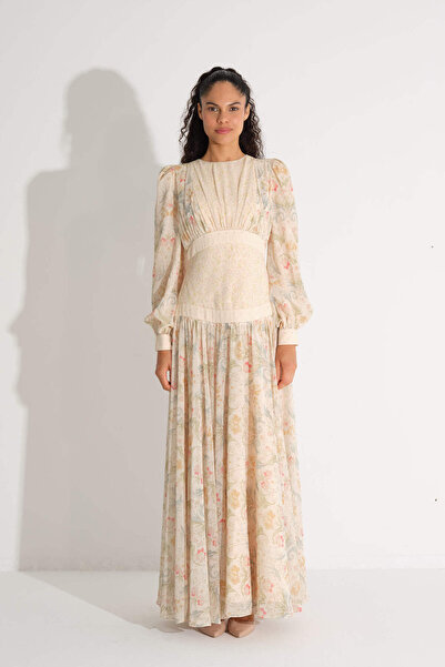 miha Hicran Önal Bel Formu Corset Garnished Chiffon Dress Cream