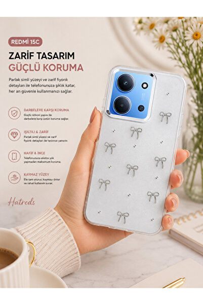Hatreds Redmi 15C Uyumlu Şeffaf Simli Fiyonk Desenli Silikon Kılıf Kamera Kor...