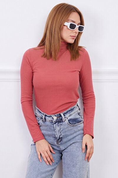 Fulla Moda Ribbed Turtleneck Slim Fit Blouse