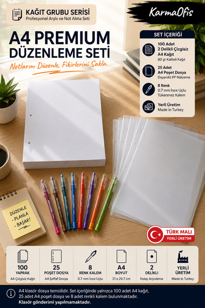 KarmaOfis A4 Premium Editing Set |   100 Pcs 2-Hole Unlined A4 Paper + 25 A4 ...