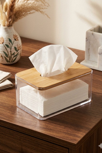 tissue صندوق أكريليك شفاف مستطيل الشكل بتصميم بسيط مع غطاء من الخيزران الطبيع...