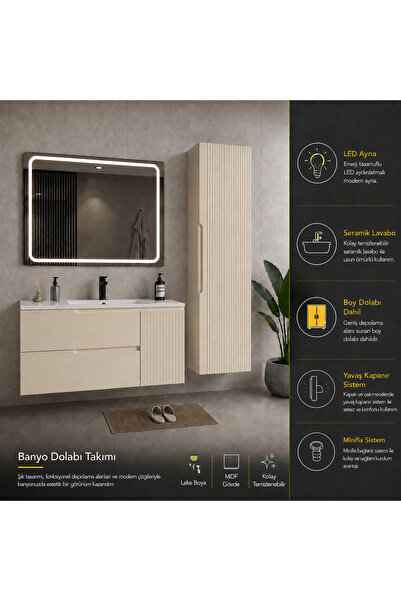 trakya banyo Banyo dolabı seti lake 90'lık seramik lavabo boy dolap ve led ay...
