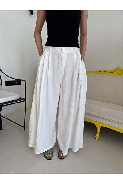 Bade Butik White Belted Wide Leg Skirt Trousers