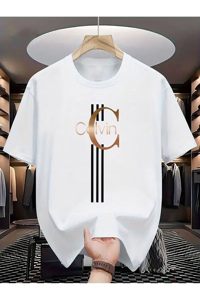 KYMC07 A Short Sleeved T-shirt with Metal Letter Stripe Pattern Print, Loose Fit, Fashionable Casual Round Neck Top, Outdoor Men's Clothing for Spring and Summer