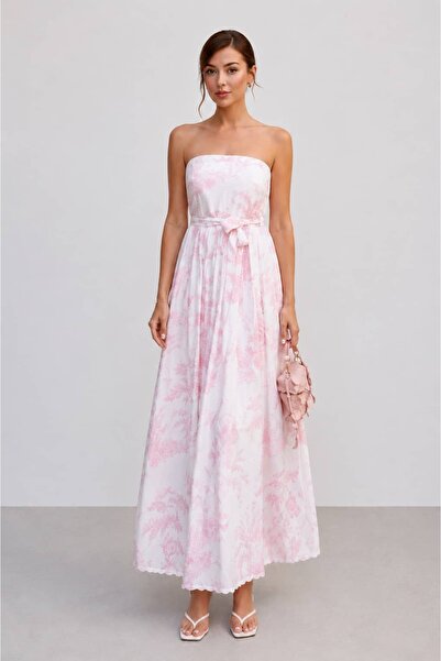 MODA Pembe Desenli Straplez Uzun Elbise