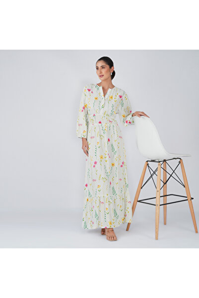 LINELLE White Floral Print Smocked Casual Dress