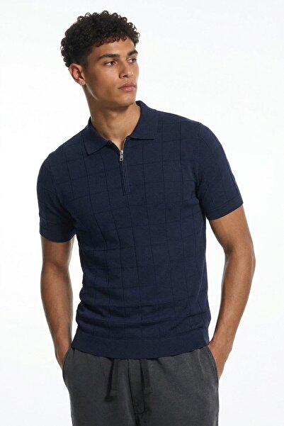 Maccali Men's Striped Knitwear Comfortable Fit Navy Blue Polo Neck t Shirt