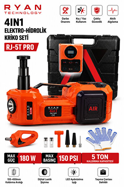 Ryan 5 Ton Hidrolik Araç Krikosu 12V 4İN1 Elektrikli Kriko Seti Hava Kompresö...