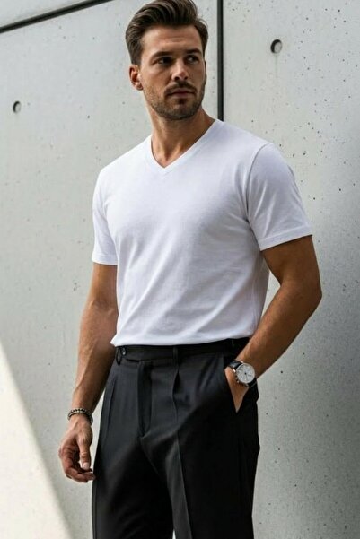 DAMGA JEANS Men's Relaxed Fit White Loose V-Neck T-Shirt