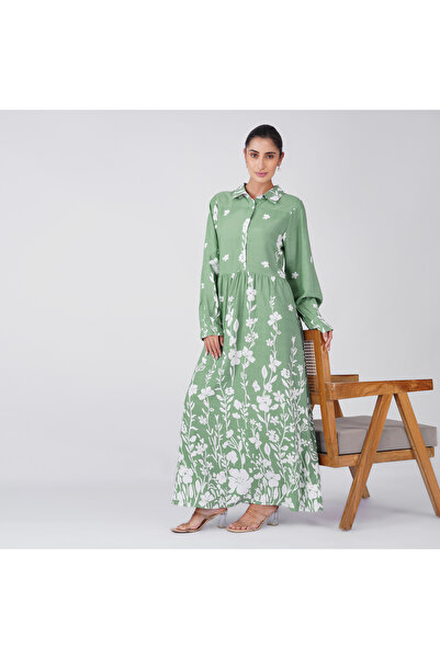 LINELLE Olive Green Floral Shirt Collar Casual Dress