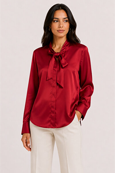 Basics&More Women's Scarf Collar Satin Shirt Long Sleeve Stylish Office Casua...