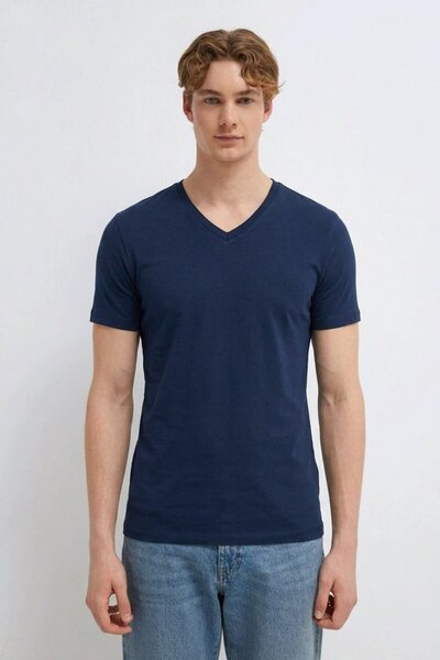 DAMGA JEANS Men's Casual Comfortable Navy Blue V-Neck T-Shirt