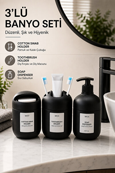 GENCHOME HOMEWARE 3'lü Cam Mat Siyah Banyo Aksesuar Seti | Sıvı Sabunluk, Diş...