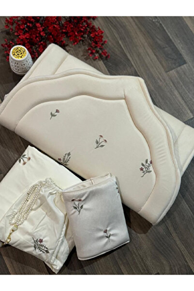 Generic Creamy White Padded Prayer Mat Set Features Delicate Embroidery of Sm...