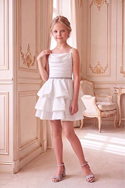 BUTİKHAPPYKİDS Girl's Cream Satin Layered Flounce Evening Dress with Stone De...