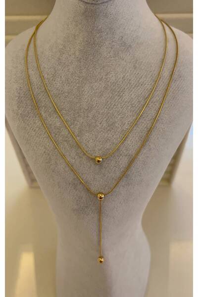 Gosea Double Layered Ball Detailed Snake Chain Y Necklace Gold Color Stainles...