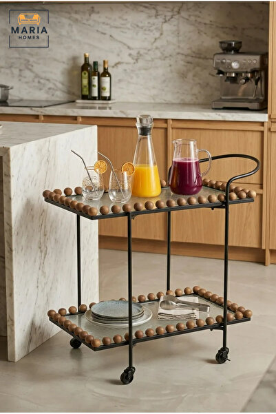 MARIA HOMES Modern 2-Tier Glass Serving Trolley – Brown & Black Rolling Bar C...