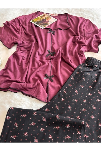 Pijamoni RİNG VİSKON KUMAŞ FİYONKLU KISA KOLLU KADIN PİJAMA TAKIMI