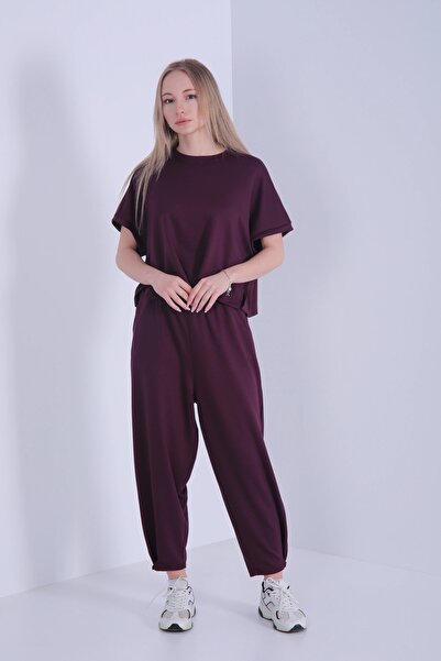 Veni Life Women's Short Sleeve Crew Neck Top and Baggy Pants Two-Piece Set