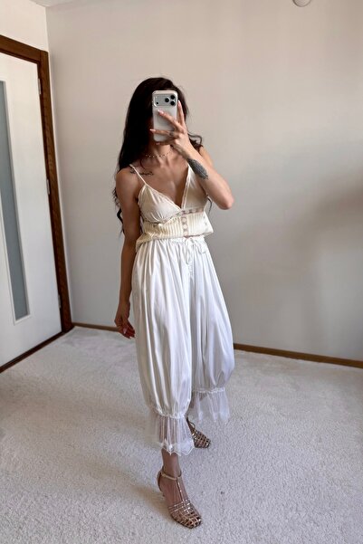 MoyStore White Satin Trousers with Lace Hem Detail