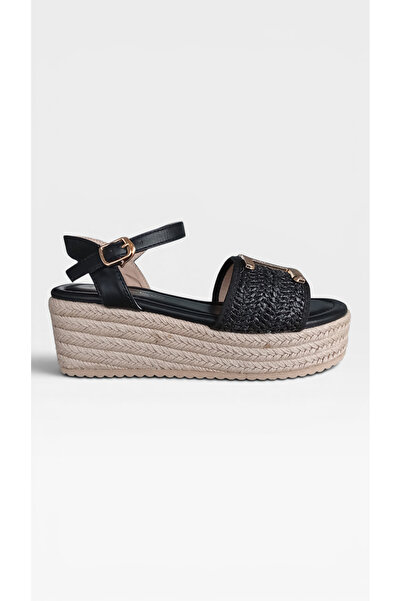Hayati Arman Women's Ankle Strap Buckle Detailed Wedge Sole Straw Sandals Black