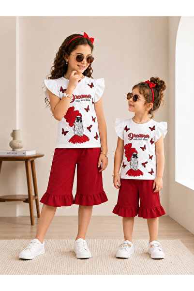 Generic Brand Girl's Butterfly Printed Ruffle Capri Set Cotton Summer Wear
