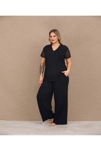 MOPİ Black Relax Ribbed Lace Women's Pajama Set - Standard and Plus Size