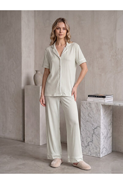 by İGP Front Buttoned Striped Short Sleeve Maternity Pajama Set