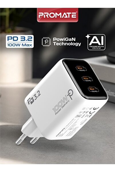 Promate Quantum-100 100W PowiGaN 3-Port USB-C Fast Charging Adapter (White) |...