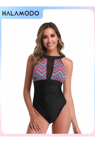HALAMODO Women's One Piece Swimsuit High Neck Tummy Control Swimwear Bathing ...