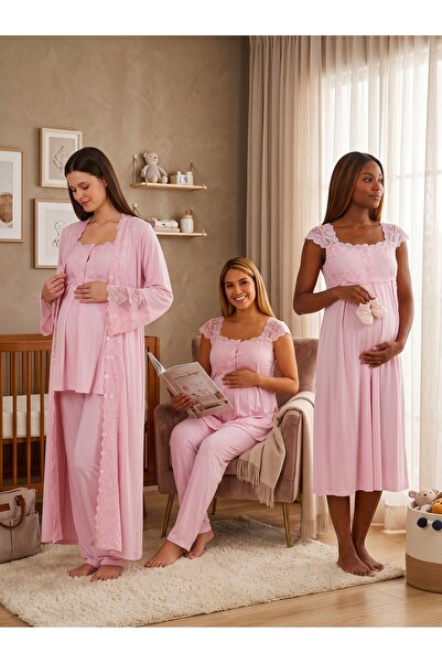 Lohusa Homewear New Season Pink Wide Strap Buttoned Design Lace Detailed 100%...