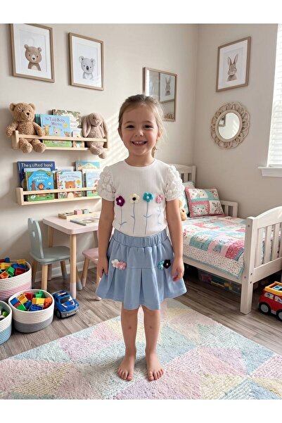 Efemkids Balon Kol Girl's Top-Bottom Set Children's Set with Floral Embroider...