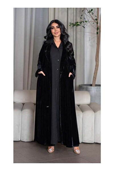 HYX Black Velvet Abaya with Mesh Dress Set