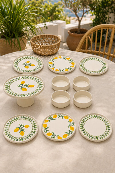 Papart Yeşil Limon 11 Parça 6 Kişilik Handmade Stackable Seramik Tabak Seti P...
