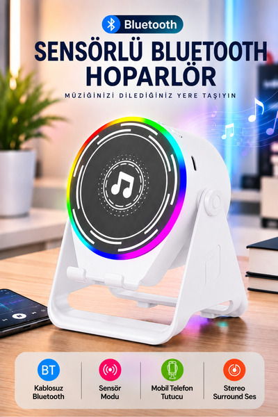 Badem10 A3 Sensörlü Hoparlör Bluetooth Beyaz Hoparlör Telefon Standı RGB Işık...