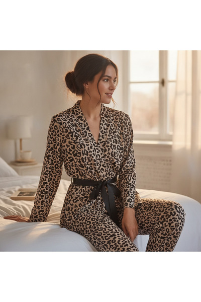 BONBON Women's Clothing Long Sleeve Leopard Pattern Dressing Gown Set Bb2665