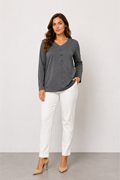 bihan store Women's Asymmetrical Stone Embellished Long Sleeve Blouse Y26-213...
