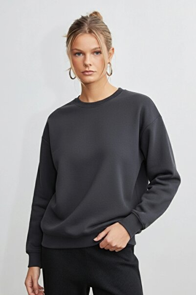 Veni Life Women's Crew Neck Ribbed Relaxed Fit Basic Sweatshirt