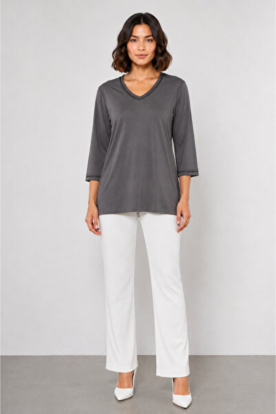 bihan store Women's V-Neck Lace Embroidered Long Sleeve Blouse Y26-2135 - Gray