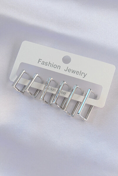 ARMÜZ Brass Silver Color Rectangular Model Earring Set