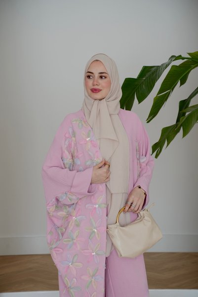 Moda Neval Women's Tulle Floral Embroidered Bat Sleeve Linen Suit