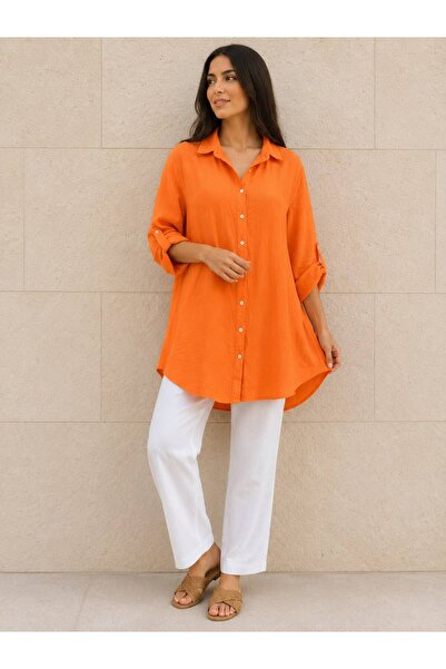AGORATEKSTİL Women's Italian Three-Quarter Sleeve Lace Back Cotton Shirt 44-48