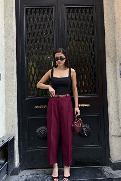 MyLoore Women's Burgundy Belted High Waist Fabric Trousers Mlb212