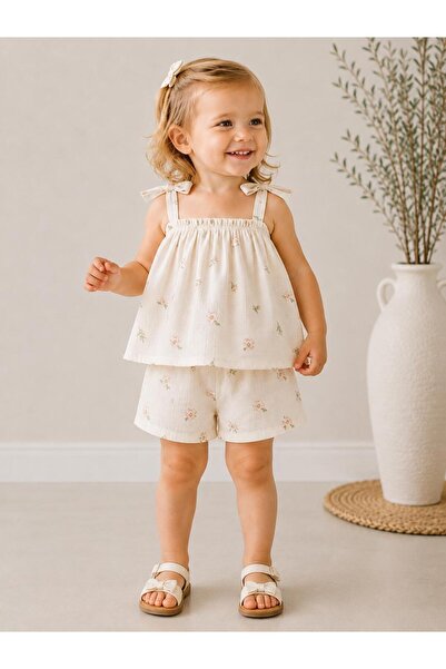 Moda Lina Baby Girl's Floral Patterned Muslin 2-Piece Set (Shorts or Pants Op...